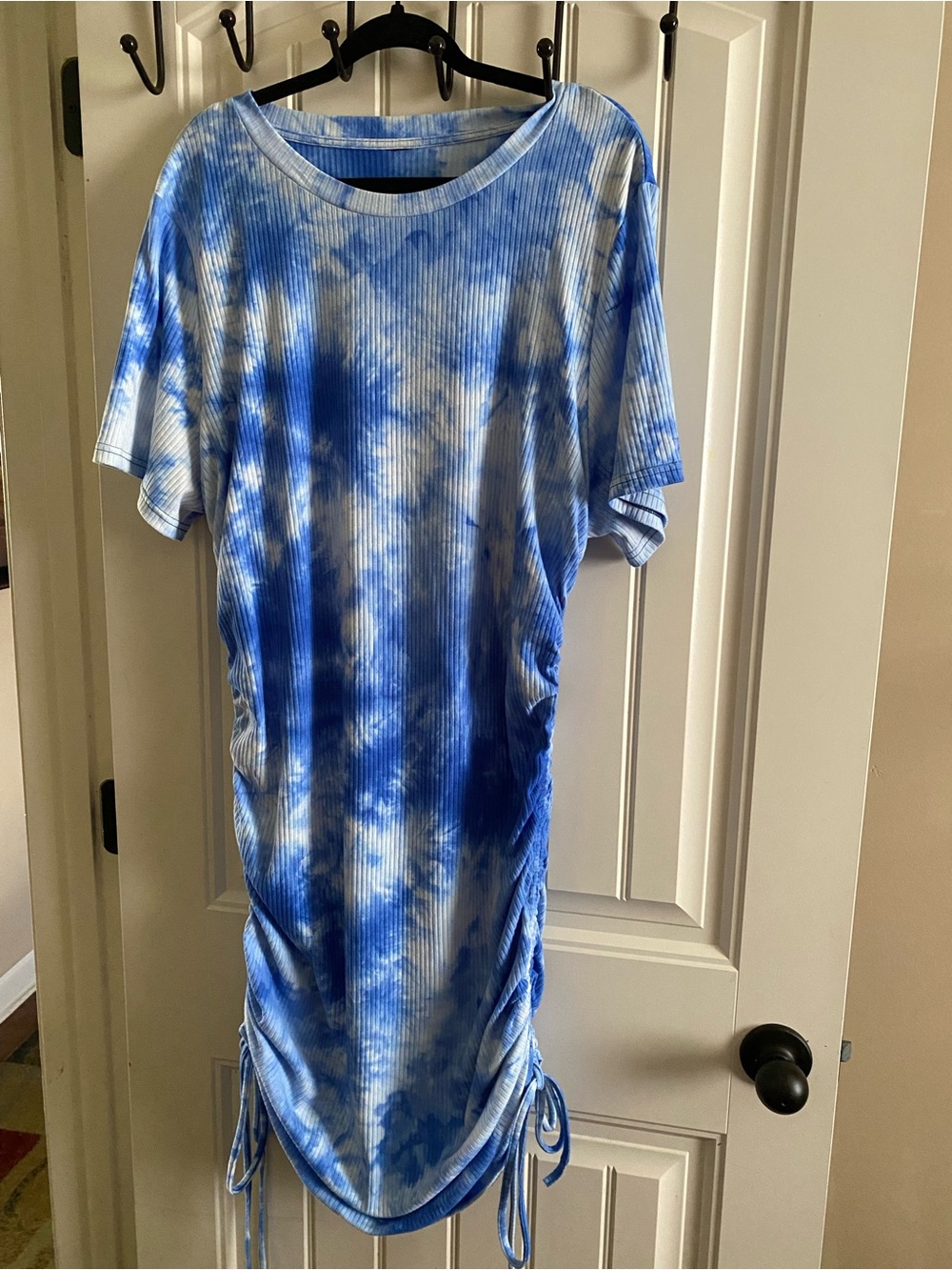 Blue Tie-Dye Ribbed Drawstring Dress